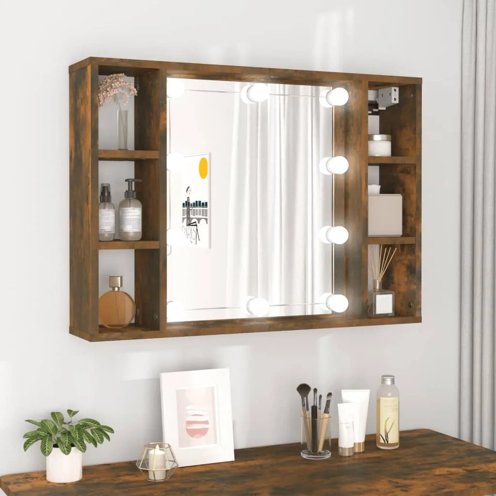 820445 vidaXL Armário espelhado com LED 76x15x55 cm carvalho fumado