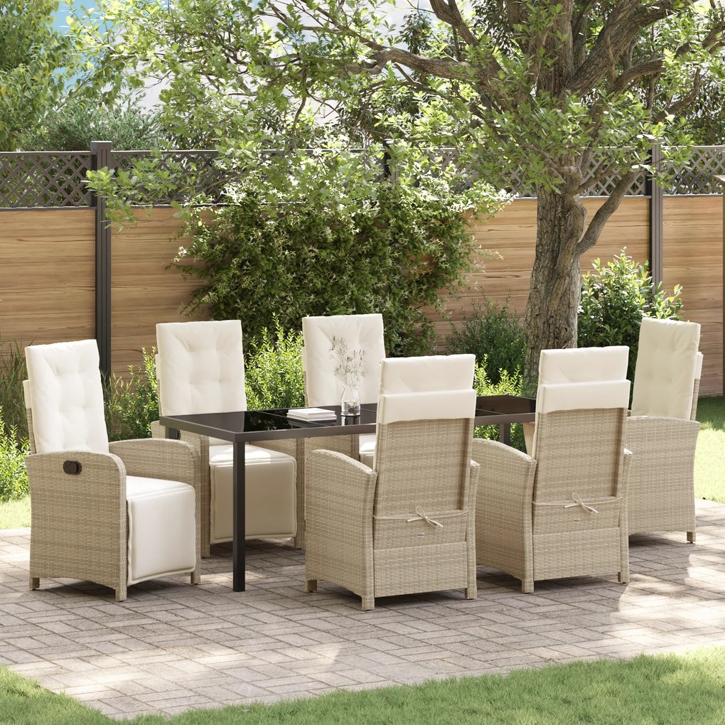 vidaXL Conjunto de Jantar de Jardim com 7 Peças e Almofadas Bege de Rattan Sintético