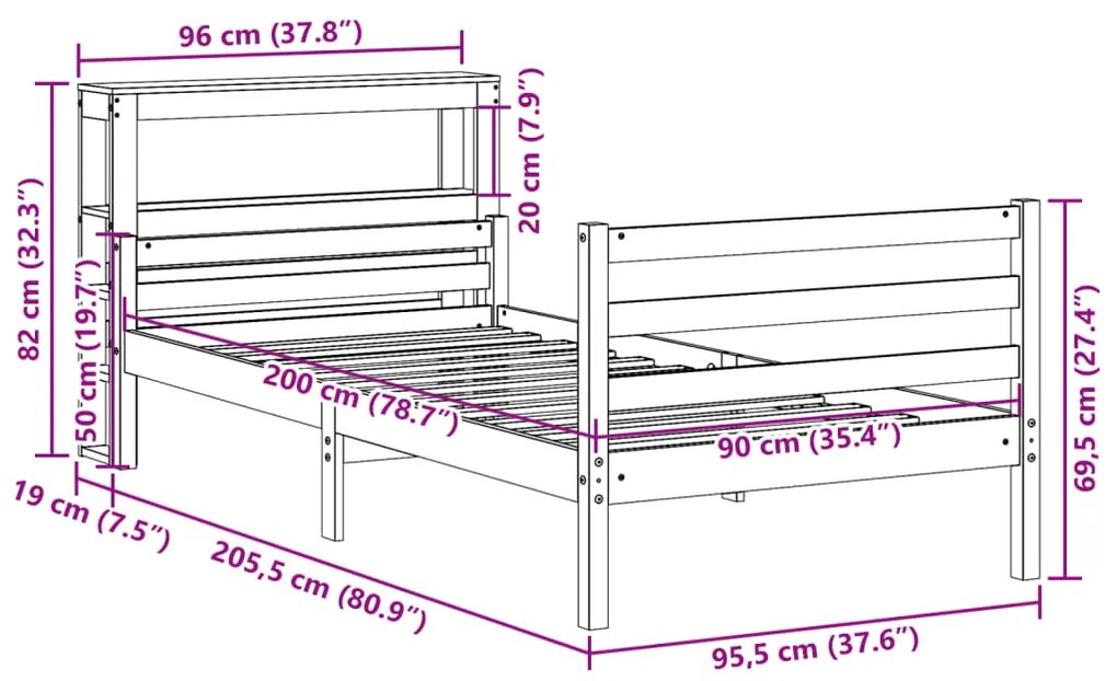 Estrutura de cama com cabeceira 90x200 cm pinho maciço