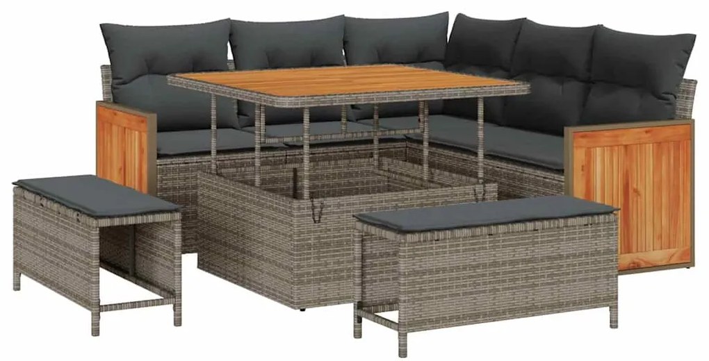 Conjunto de Sofá de Jardim vidaXL com Almofadas Cinzento Vime Sintétic