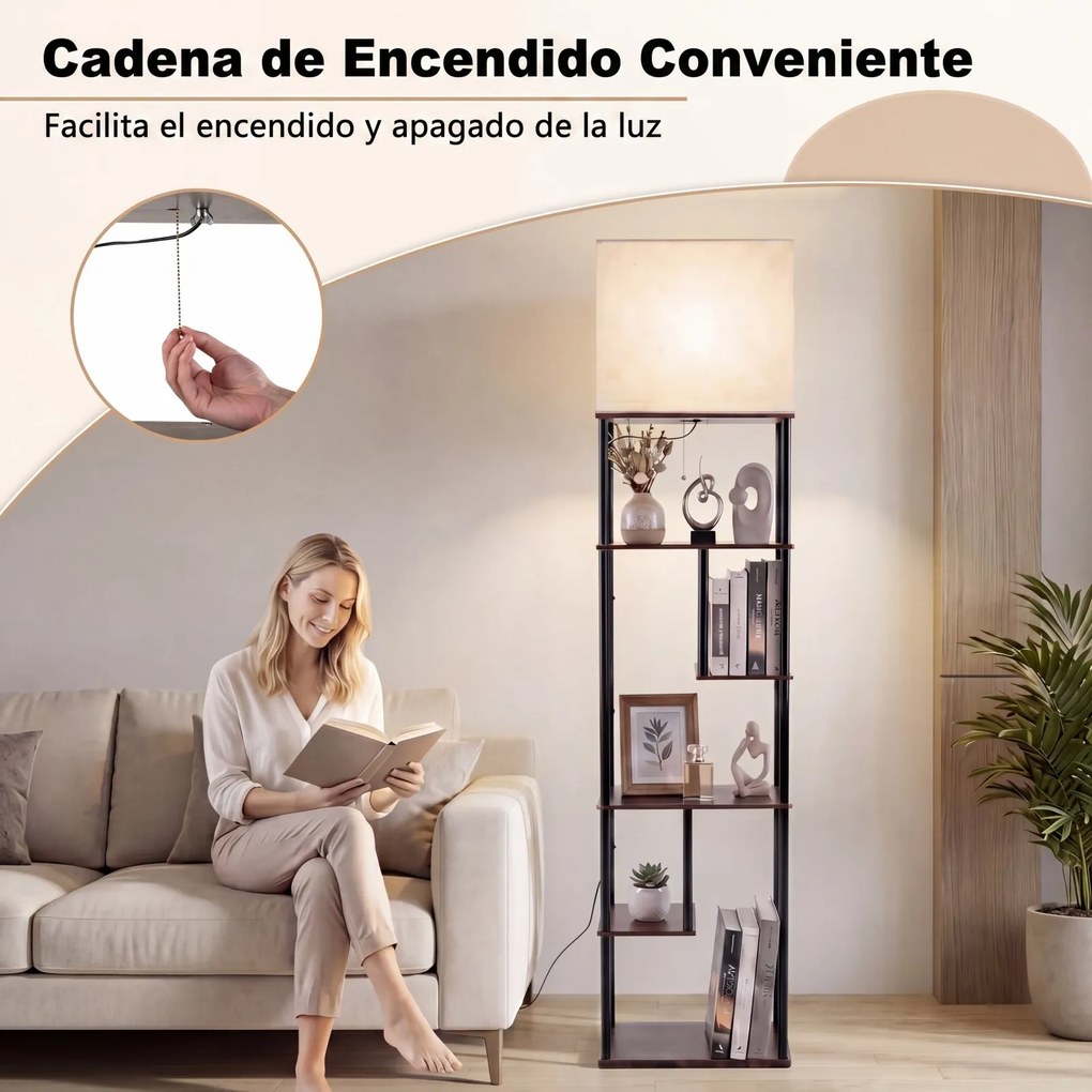 Candeeiro de pé industrial com 5 estantes abertos escalonados 40 x 29 x 172 cm, abajur de linho, Estrutura metálica e casquilho E27 para sala de estar
