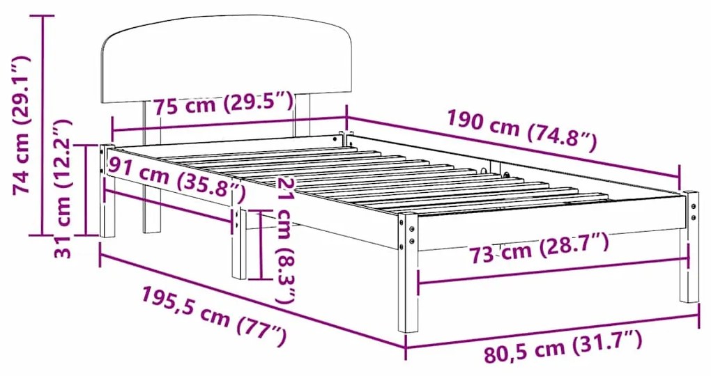Estrutura de Cama com Cabeceira 75x190 cm Madeira Maciça de Pinho