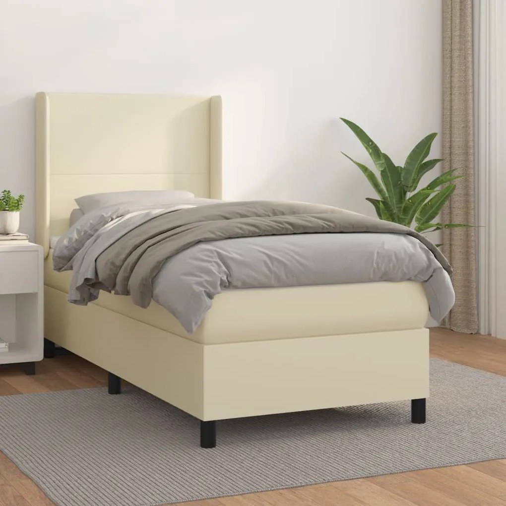 vidaXL Cama com molas/colchão 90x200 cm couro artificial cor creme