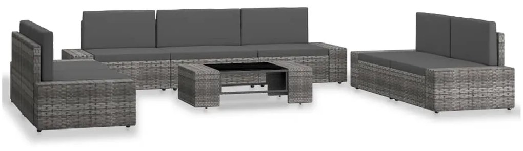8 pcs conjunto lounge de jardim vime PE cinzento