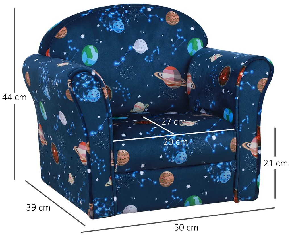 HOMCOM Poltrona para Crianças acima de 3 Anos com Desenhos de Planetas Estrutura de Madeira e Estofado em Flanela 50x39x44 cm Azul