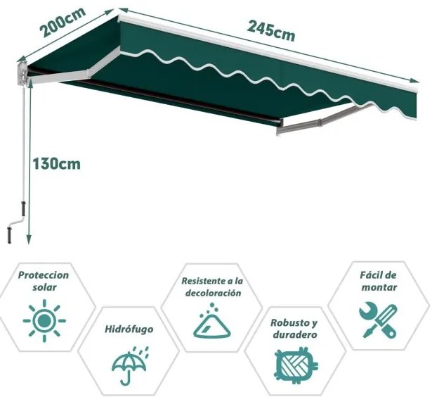 Toldo retrátil 295 x 250 cm com manivela manual para parede Porta Janel Verde