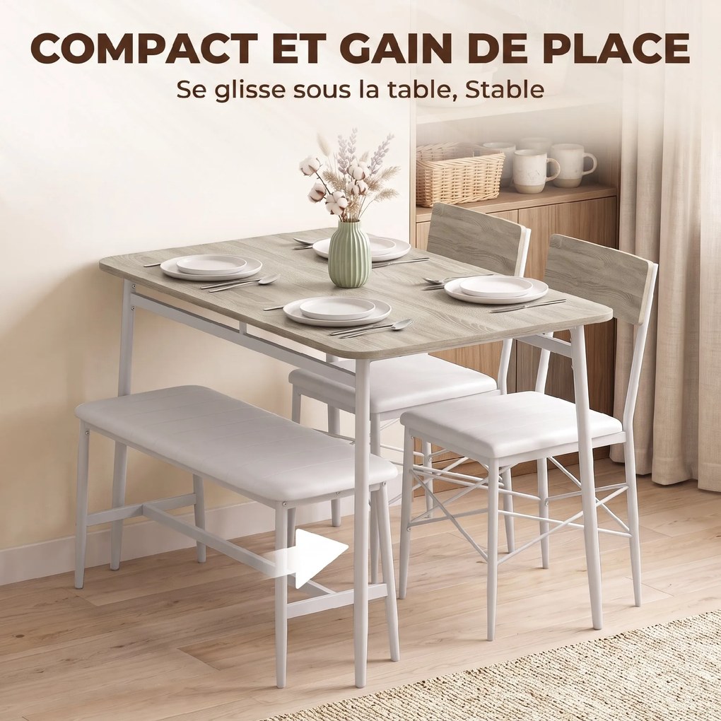 Conjunto de mesa de jantar com 2 cadeiras e um banco, assentos estofados, para sala de estar, espaços pequenos, em cor carvalho e branco