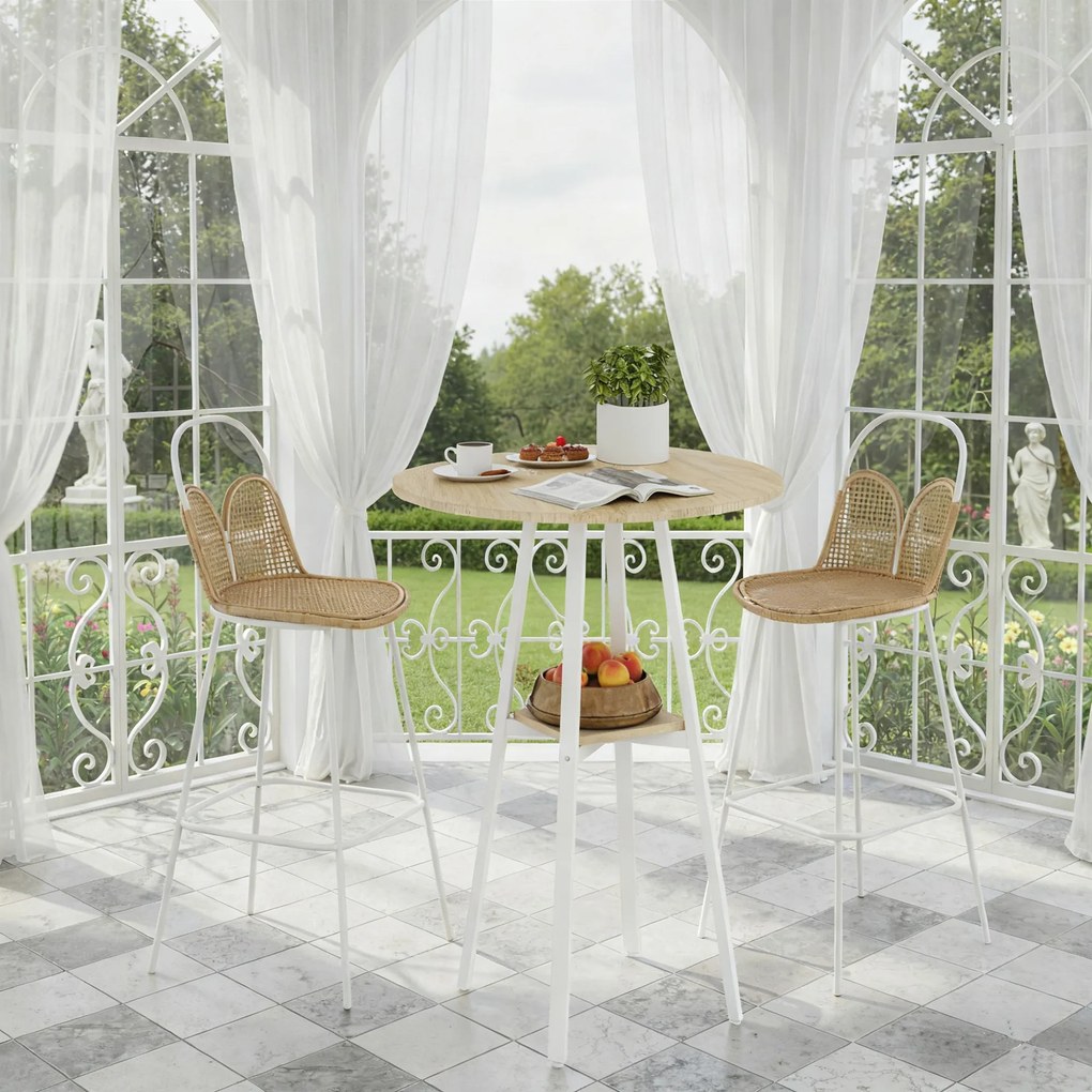 Mesa Alta de Cozinha Redonda com Prateleira de Armazenamento para 2 Pessoas com Estrutura de Metal 55x55x95 cm Madeira e Branco