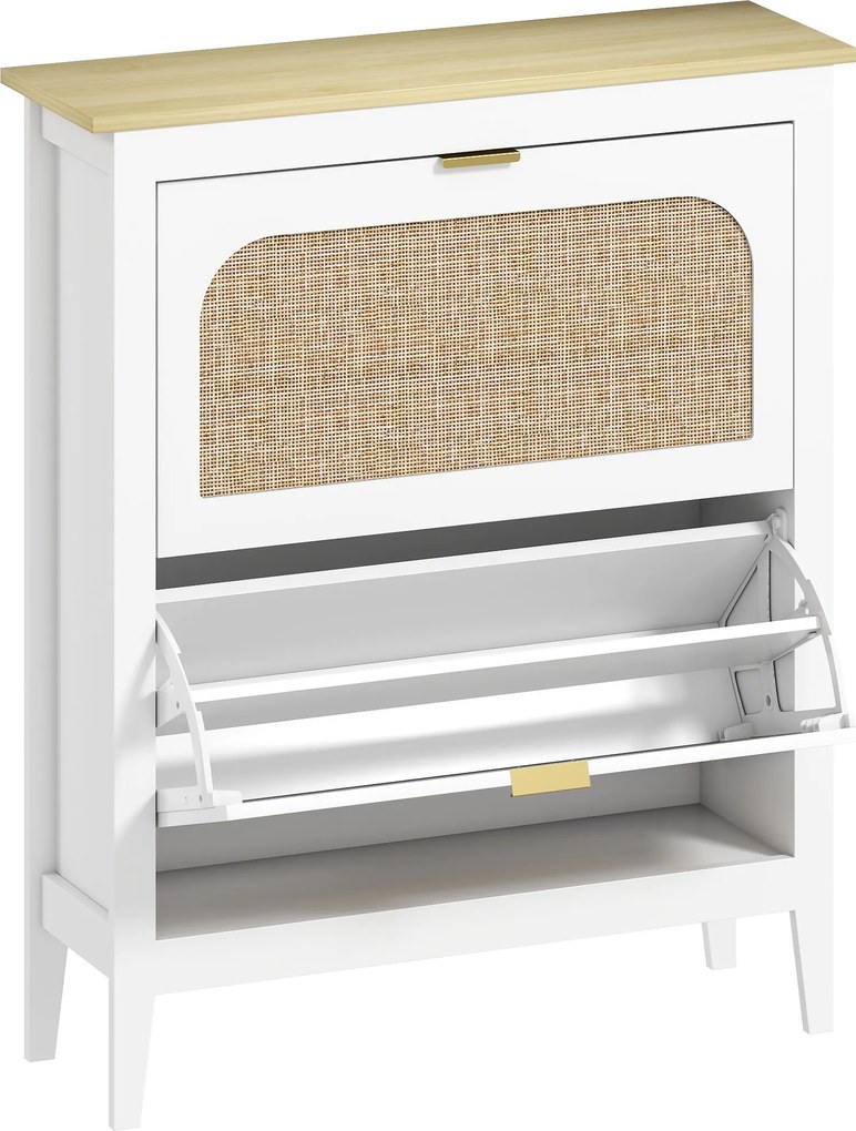 Sapateira Estreita com 2 Portas em Vime e Prateleiras Ajustáveis para 14 Pares de Sapatos 105x24x95,5 cm Branco