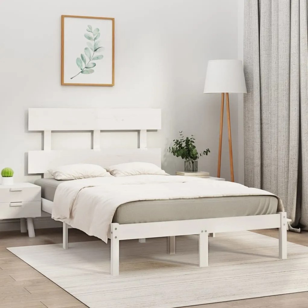 vidaXL Estrutura de cama casal 135x190 cm madeira maciça branco