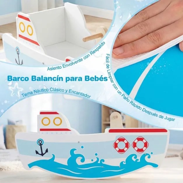 Baloiço de madeira com tema náutico para crianças de 1 a 5 anos Assento largo Encosto e alças em bétula multicolorida