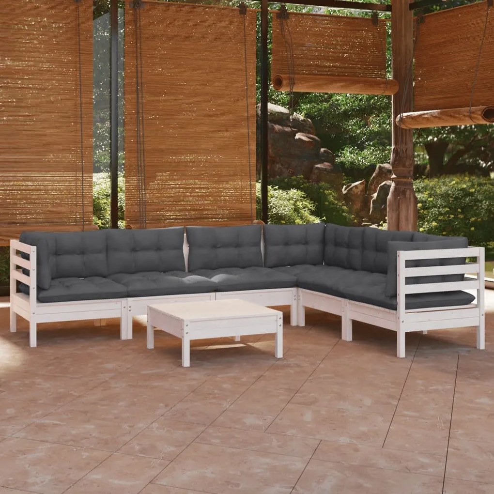 7 pcs conj. lounge de jardim c/ almofadões pinho maciço branco