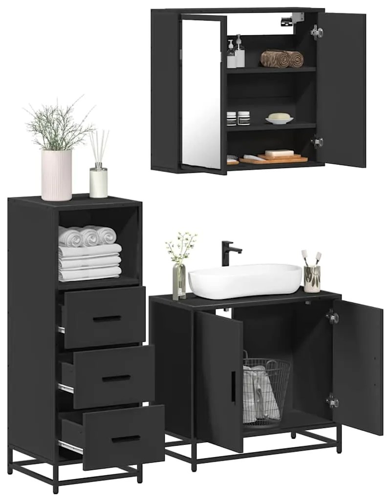 vidaXL 3 pcs conjunto móveis casa de banho derivados de madeira preto
