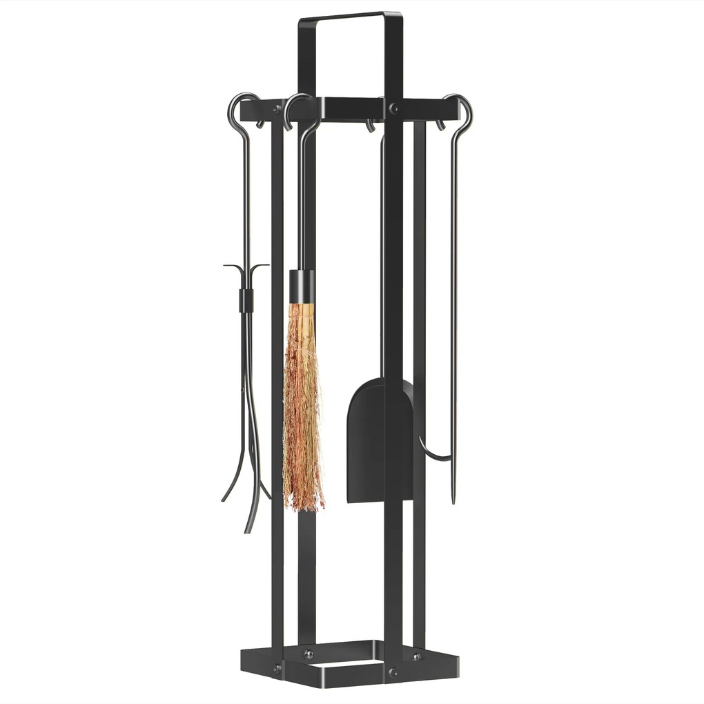 Conjunto de 5 peças para lareira, acessórios para lareira, vassoura, escova, pá, pinça, atiçador e suporte em metal preto