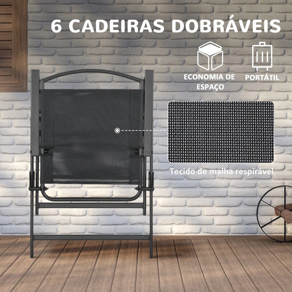 Conjunto de Jardim Refeição de 8 Peças com 6 Cadeiras Dobráveis Mesa e Chapéu de Sol Inclinável Preto