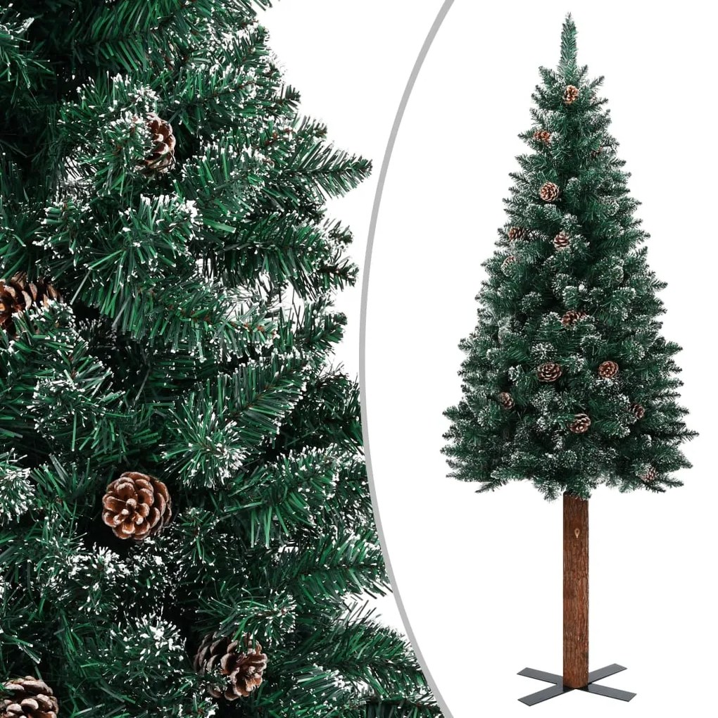 vidaXL Árvore de Natal fina madeira genuína e neve branca 180 cm verde