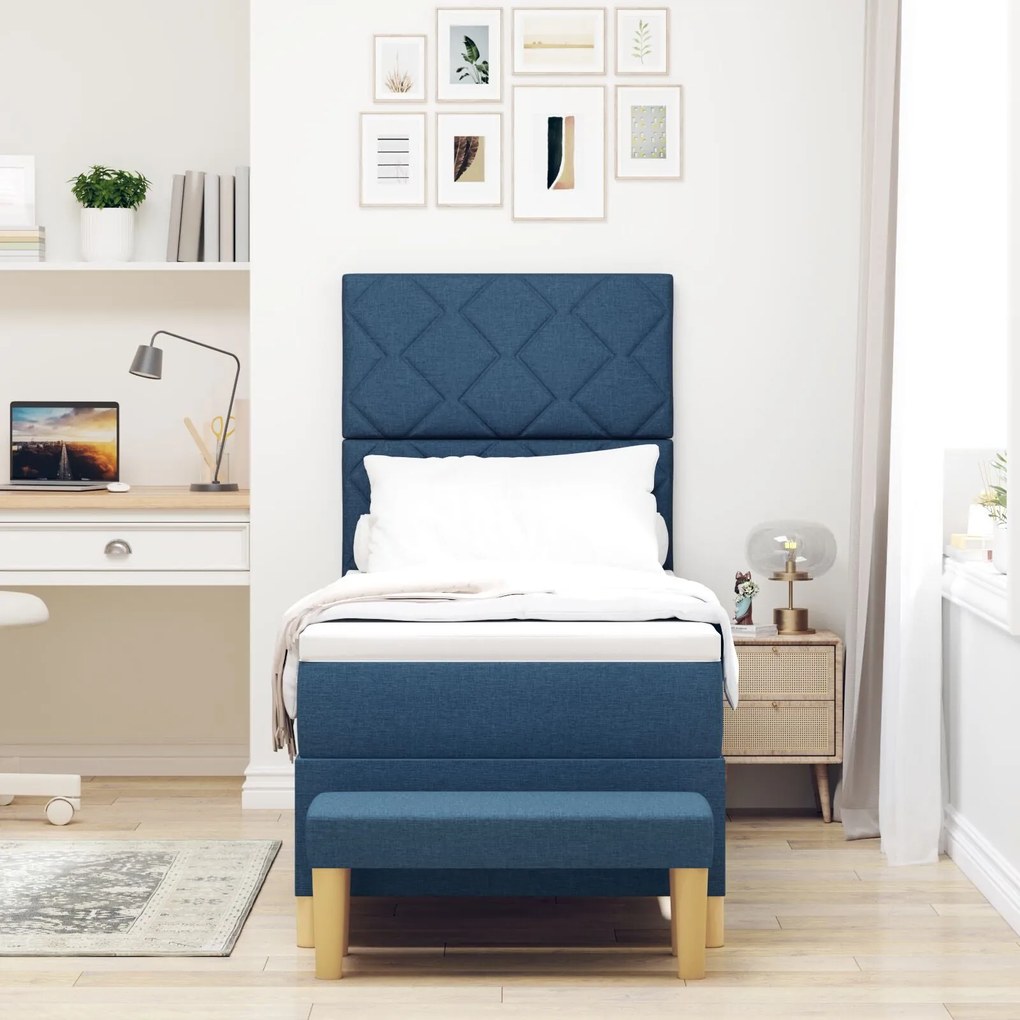 Cama Box Spring com Colchão e Banco Azul 80x200 cm Tecido