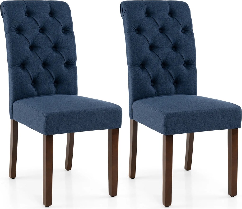Conjunto de 2 cadeiras de jantar com encosto alto, assento almofadado e pernas em madeira maciça para sala de jantar em azul-marinho