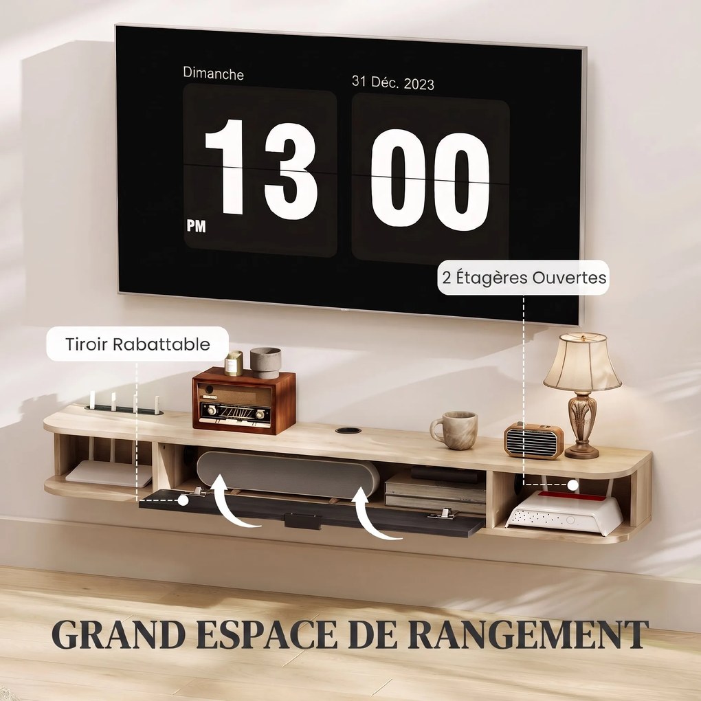 Móvel de TV suspenso 140 x 24 x 16 cm, móvel para televisores até 60 polegadas, gaveta rebatível, 2 prateleiras, madeira cor natural e preto