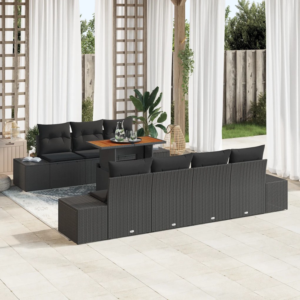 Conjunto de Sofá de Jardim de 8 Peças com Almofadas Preto de Rattan Po