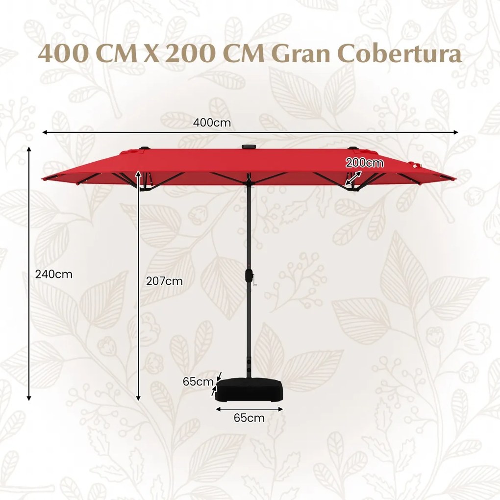 Guarda-sol jardim Duplo 4 x 2 m com Luzes Solares Manivela e Base pesada Vermelho