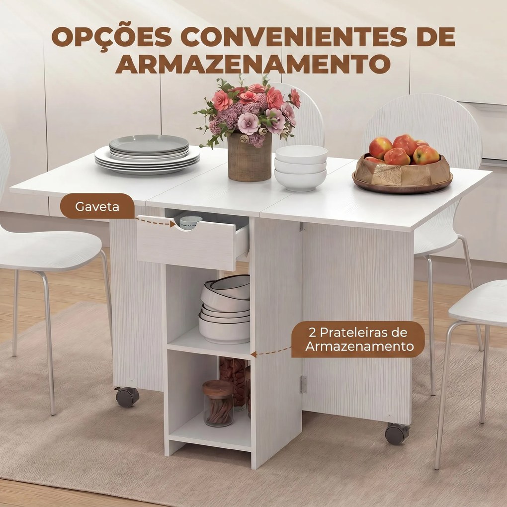 Mesa de Cozinha Dobrável com Rodas (CADEIRAS NÃO INCLUIDAS), Abas Rebatíveis, Gaveta e Prateleiras para 2-4 Pessoas 120x72x75 cm Branco
