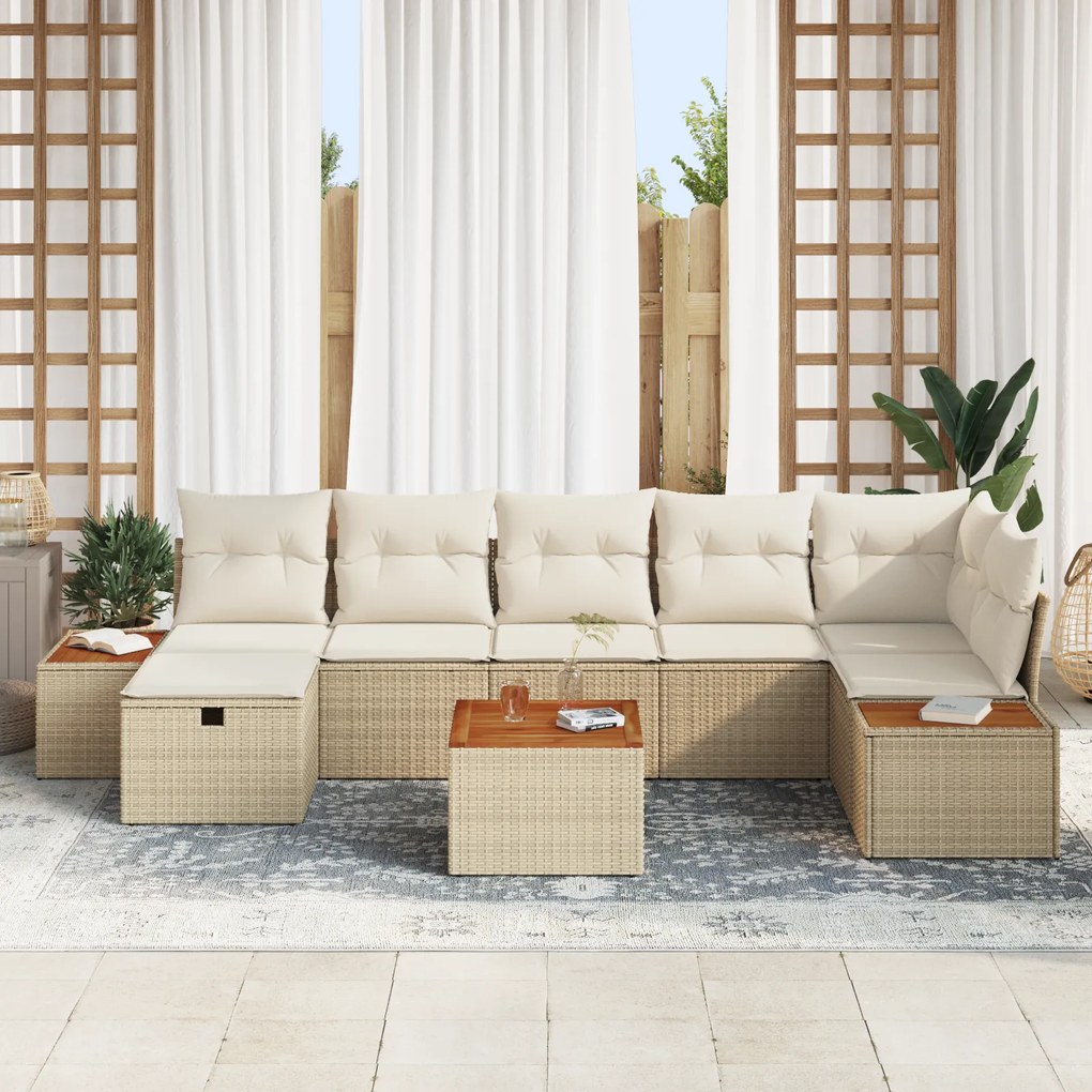 Conjunto de Sofás de Jardim de 8 Peças com Almofadas em Vime PE Bege