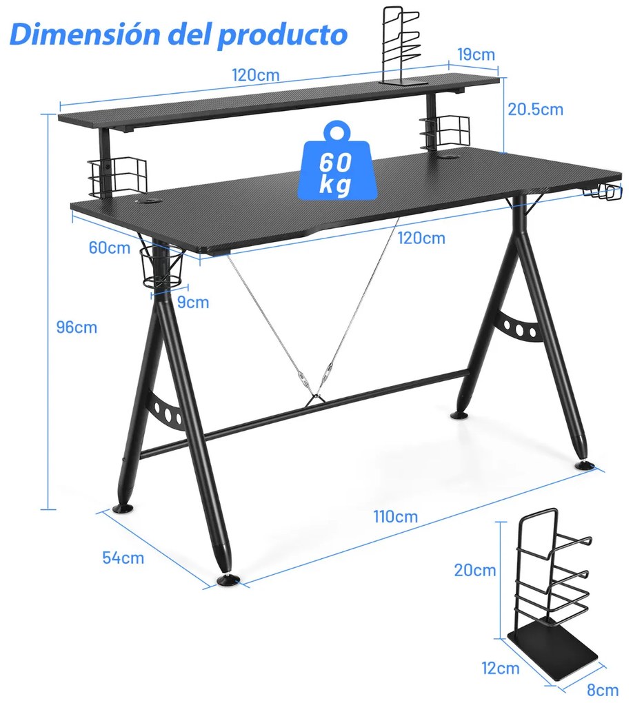 Secretária Mesa Gaming de jogos com monitor Mesa de computador de prateleira com suporte de jogos de vídeo 120 x 60 x 96 cm Preto