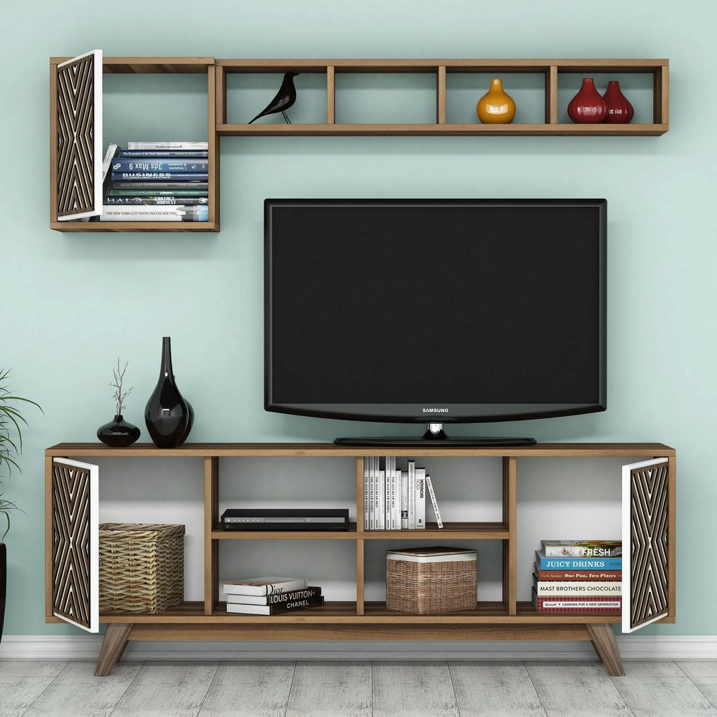 Conjunto de Mobiliário de Sala de Estar Inci – Nogueira e Branco – Div