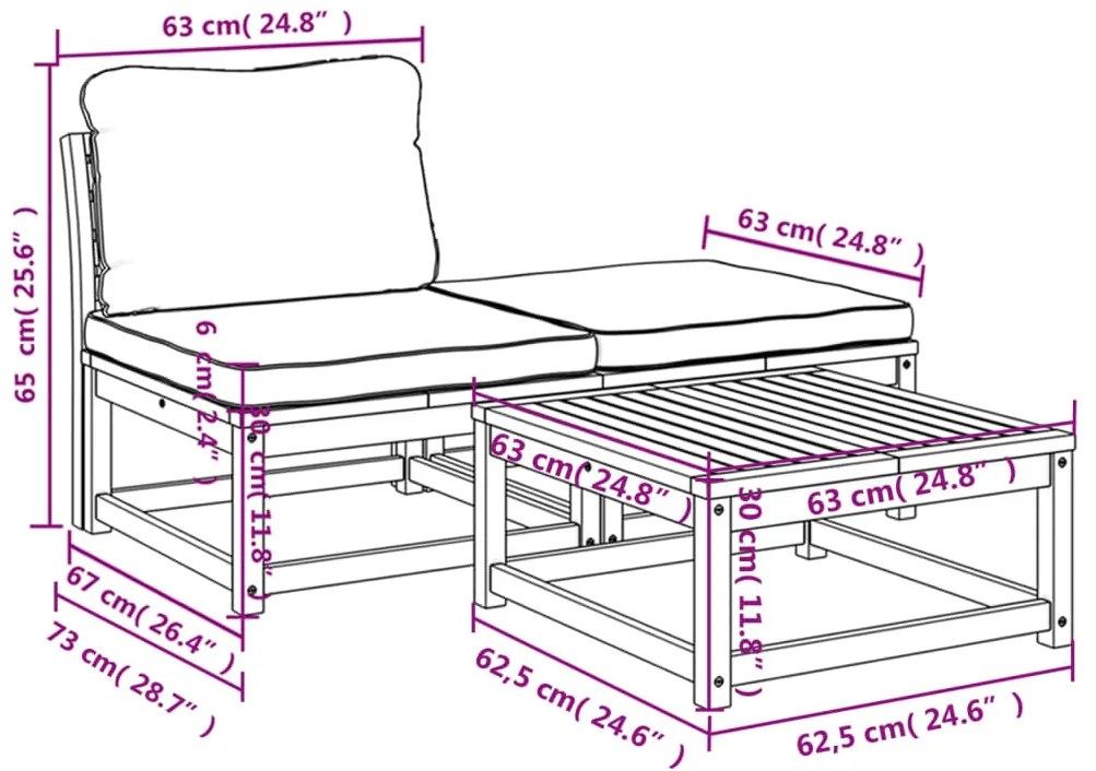3 pcs conjunto lounge de jardim c/ almofadões acácia maciça