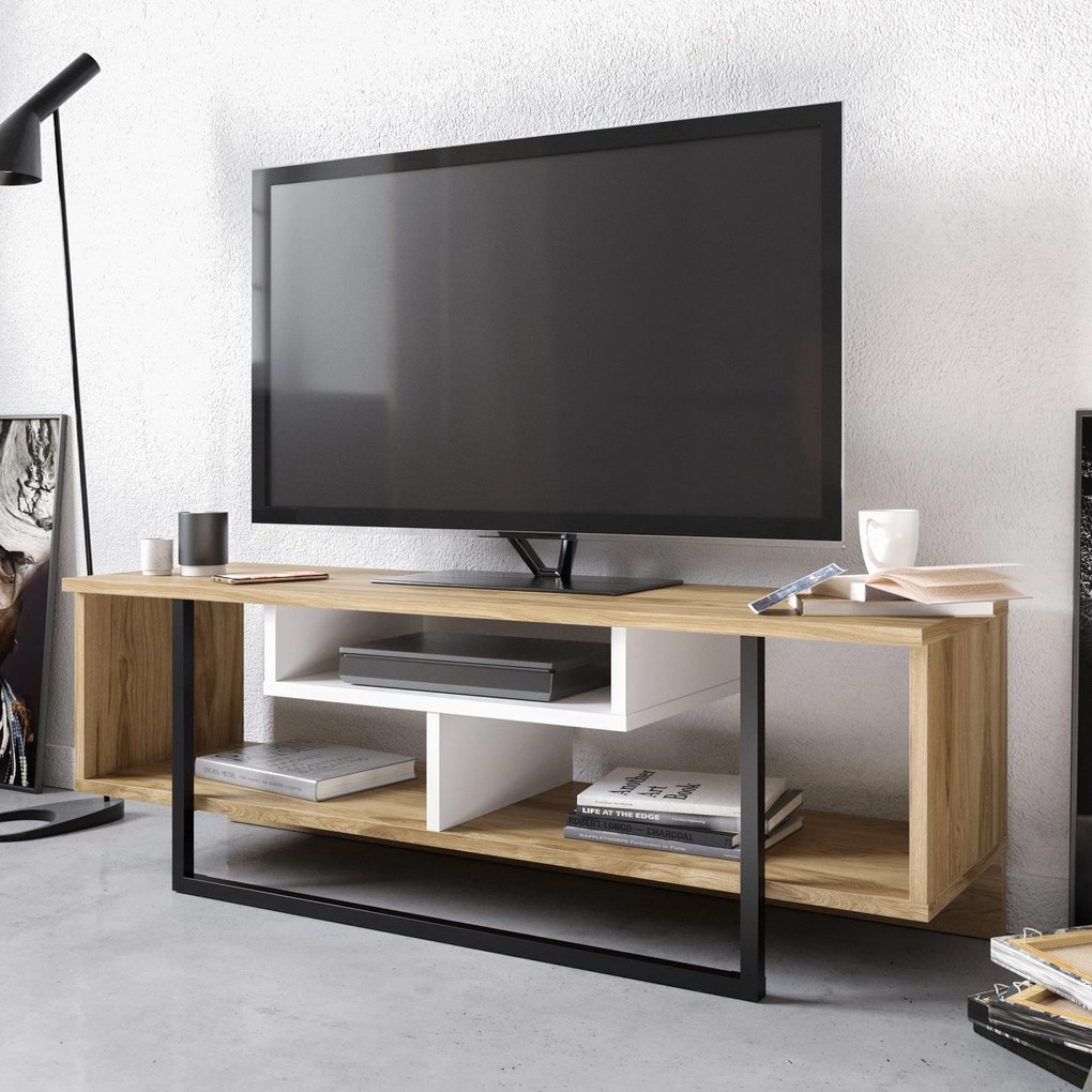 Móvel para TV Asal – Branco/Preto/Carvalho – 119,4 x 40,2 x 35,2 cm