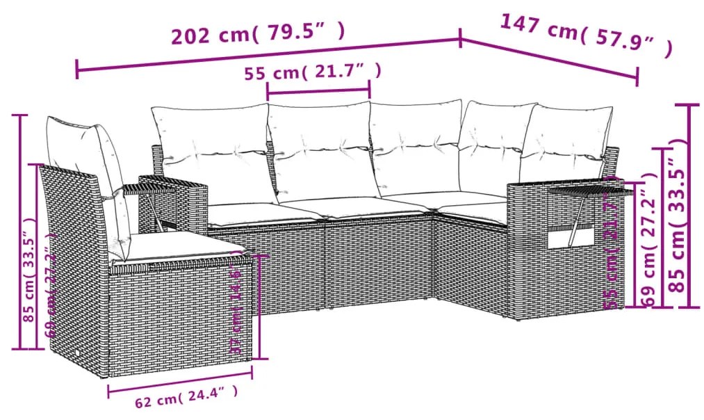 5 pcs conj. sofás jardim c/ almofadões vime PE cinzento-claro