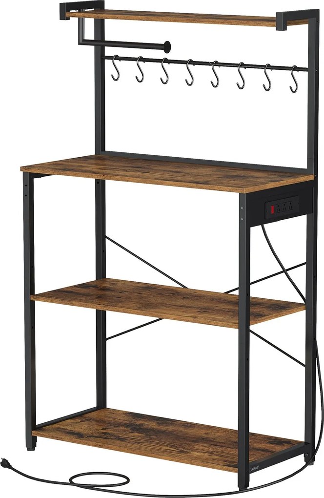 Armário de cozinha com 4 prateleiras, 40 x 80 x 140 cm com base de carregamento, 8 ganchos castanho-preto