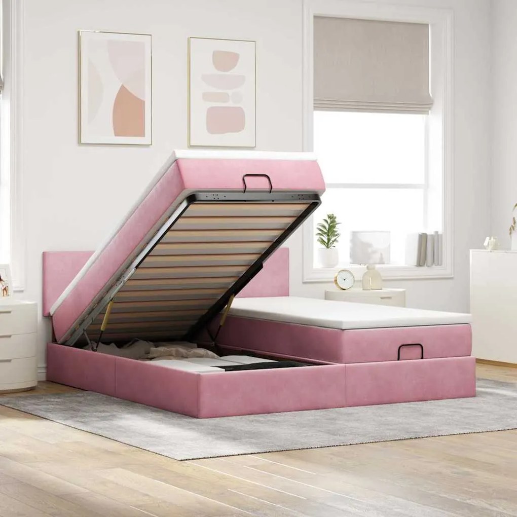 vidaXL Estrutura de cama otomana com colchões 160x200 cm veludo rosa