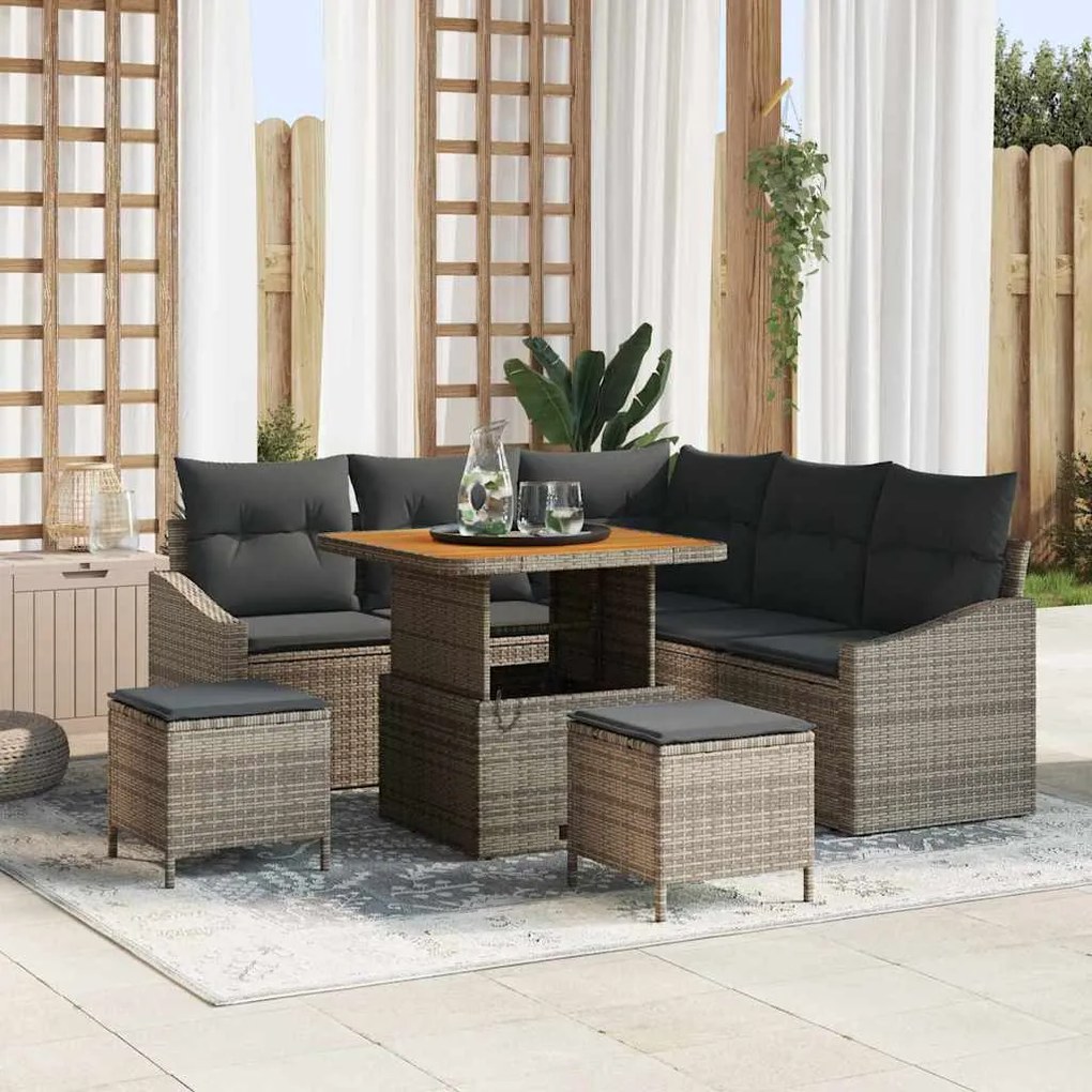 Conjunto de Sofá de Jardim de 8 Peças com Almofadas Cinzento Rattan Poliéster Acácia