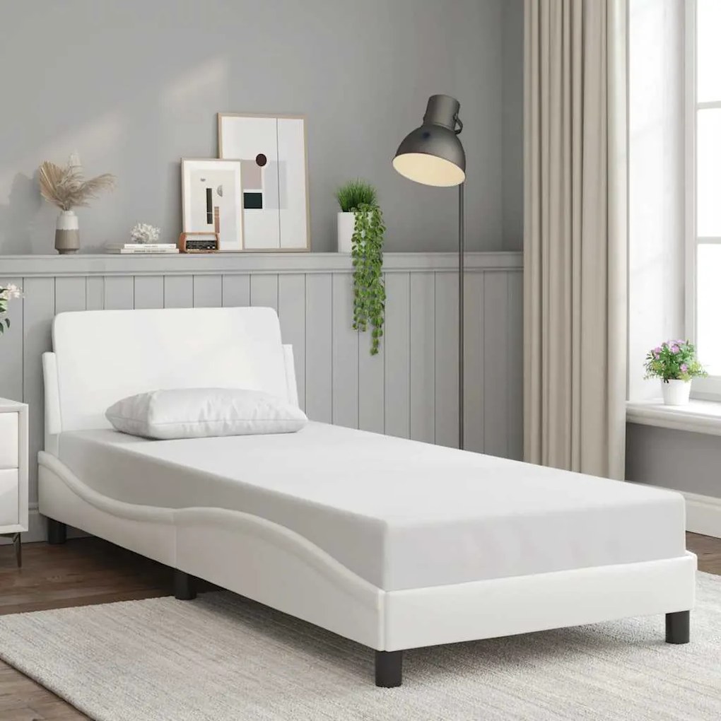 Estrutura de cama c/ cabeceira couro artificial 80x200cm branco