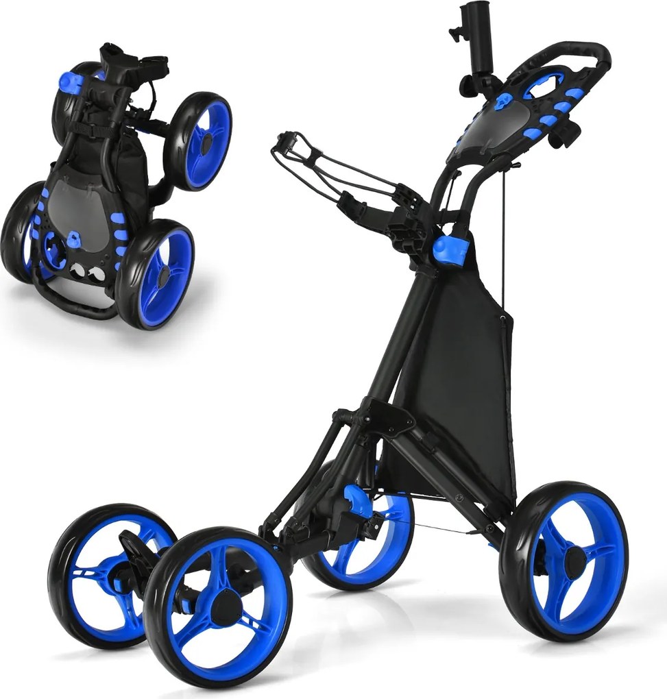 Carrinho de golfe dobrável, leve e de 4 rodas, com saco impermeável e travão de pé, suporte ajustável para guarda-chuva e copo - Azul