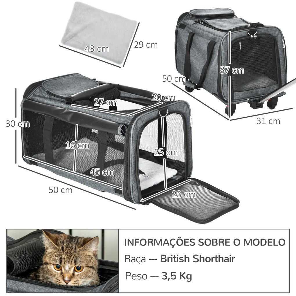 Transportadora para Animais de Estimação 4 em 1 com Rodas Bolsa de Transporte para Cães e Gatos 50x31x37 cm Cinza