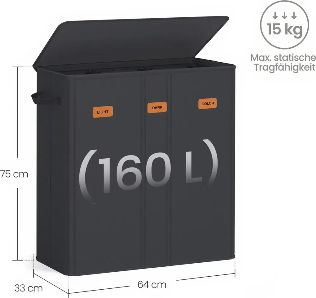 Cesto da roupa suja 160L com 3 compartimentos 64 x 33 x 75 cm, sacos interiores removíveis e laváveis, cesto da roupa com tampa preto