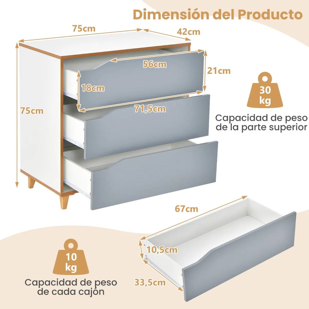 Cómoda de 3 gavetas Mesas de cabeceira com pegas integradas Dispositivo anti-inclinação para corredor de entrada Quarto 75 x 42 x 75 cm Cinzento