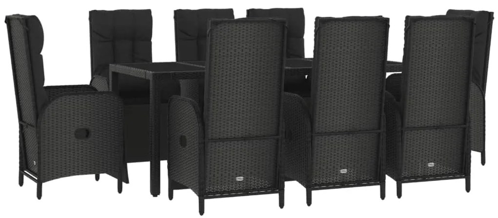 9 pcs conjunto de jantar p/ jardim c/ almofadões vime PE preto