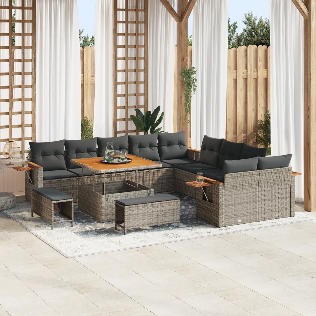 Conjunto de Sofá de Jardim de 13 Peças com Almofadas Cinzento Rattan Sintético Acácia