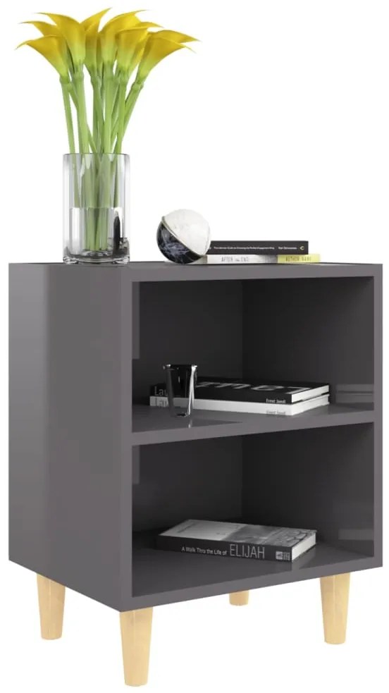 Mesa cabeceira c/ pernas madeira 40x30x50 cm cinzento brilhante