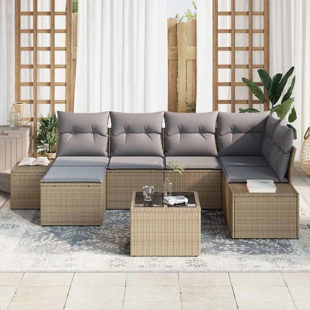 Conjunto de Sofá de Jardim 7 Peças com Almofadas em Rattan Preto