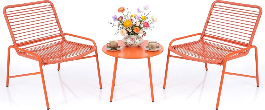 Conjunto jardim de rattan para exterior com encosto inclinado e assento curvo; mesa e cadeiras para terraço, piscina e varandas; cor laranja