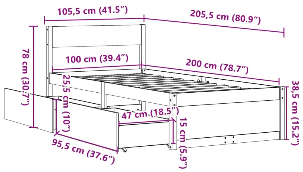 Estrutura de cama c/ gavetas 100x200 cm pinho maciço branco