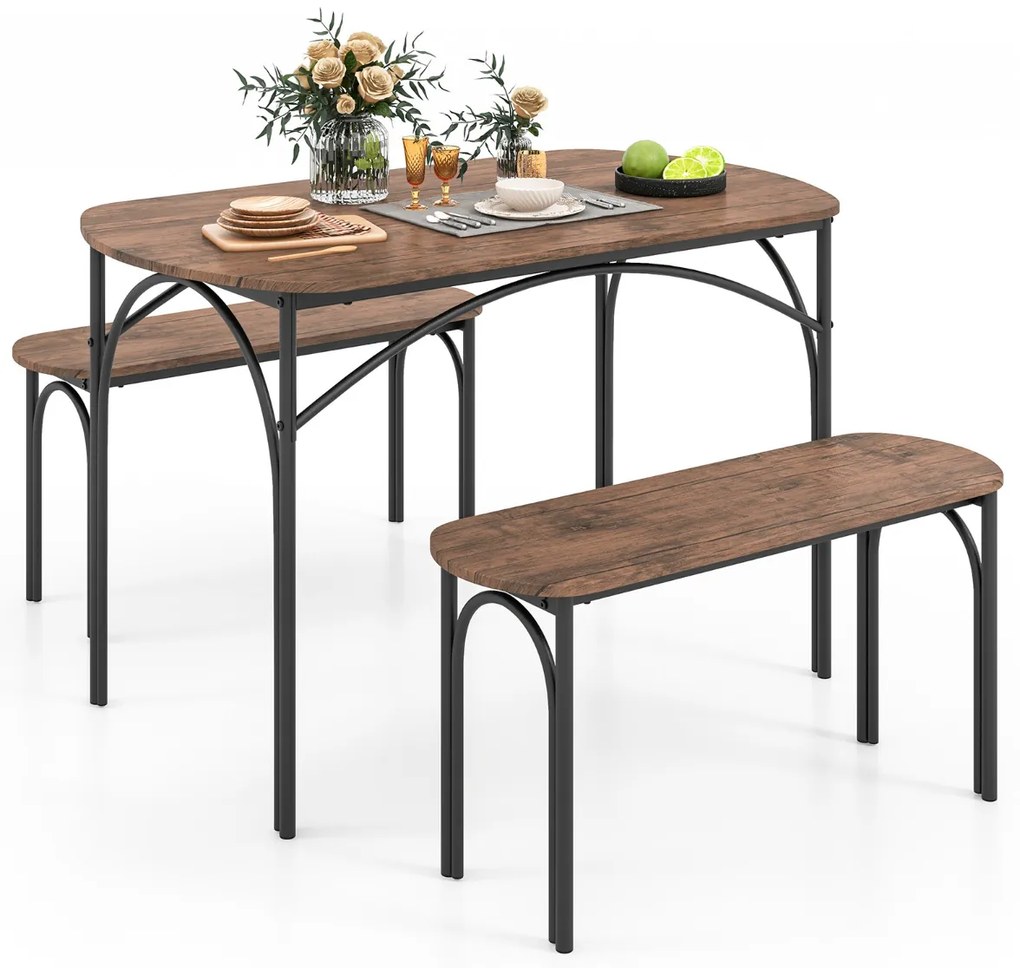 Conjunto de mesa de jantar de 3 peças para 4 pessoas Mesa retangular de madeira e 2 bancos com estrutura metálica  castanho