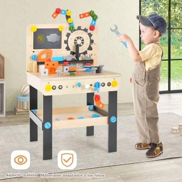 Bancada de ferramentas crianças 46 cm x 37 cm x 72 cm com conjunto de ferramentas Acessórios Quadro branco Estante suspensa multicolorida