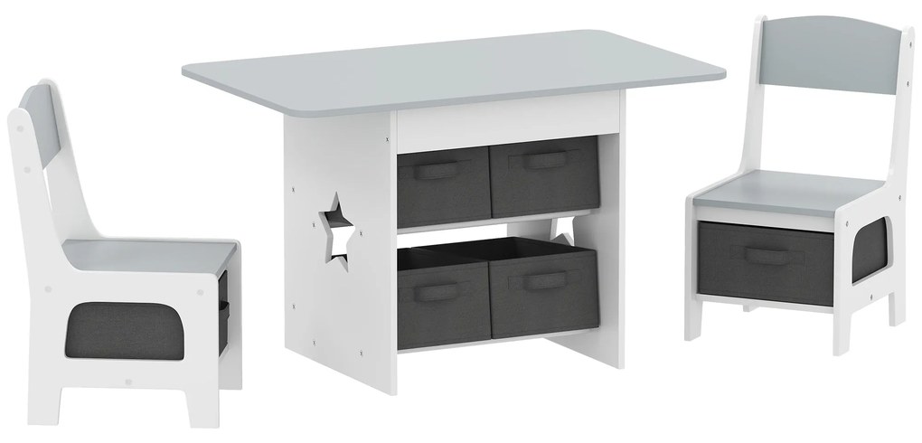 Mesa Infantil com 2 Cadeiras Mesa e Cadeiras para Crianças com 6 Gavetas de Tecido Desenho Estrelas Cinza Claro