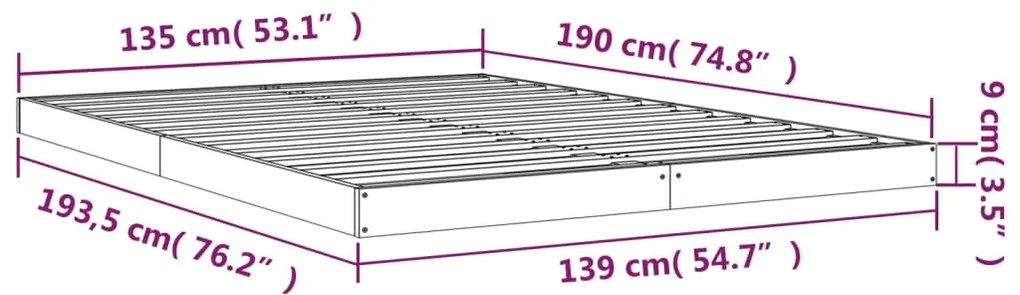 Estrutura de cama de casal 135x190 cm pinho maciço cinzento